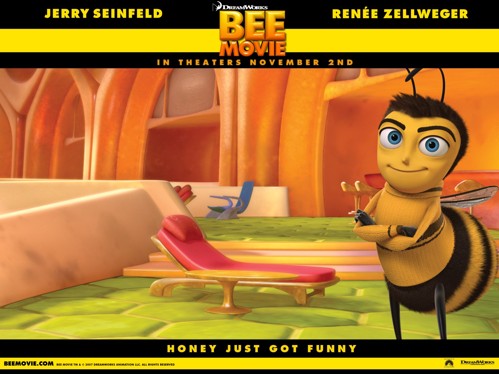 HD PC desktop wallpaper featuring a scene from the Bee Movie, showcasing the animated bee character standing confidently in a bright, colorful environment.