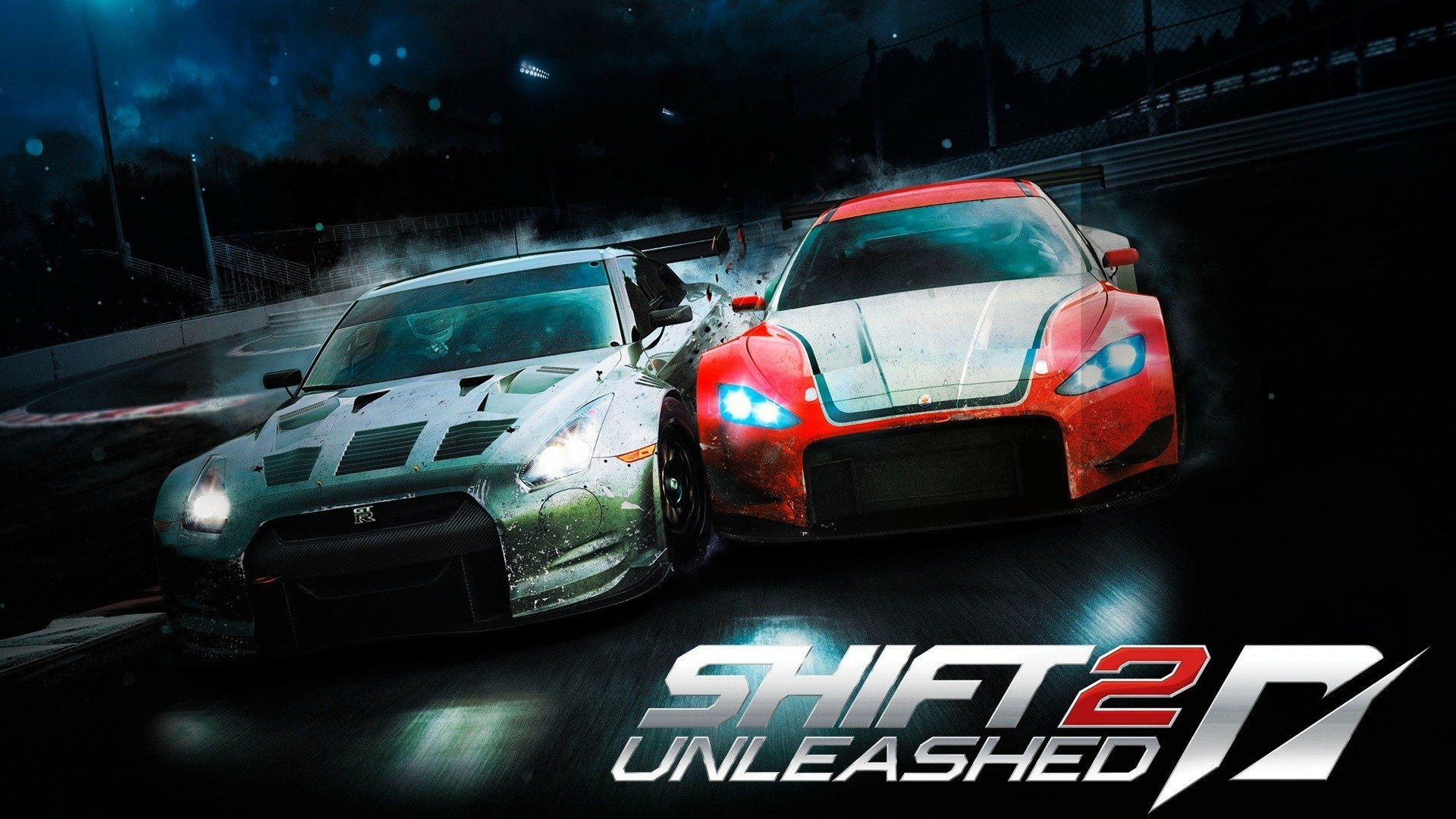 HD PC desktop wallpaper featuring intense nighttime racing action from the video game Need for Speed: Shift 2 Unleashed with two high-performance cars side by side.