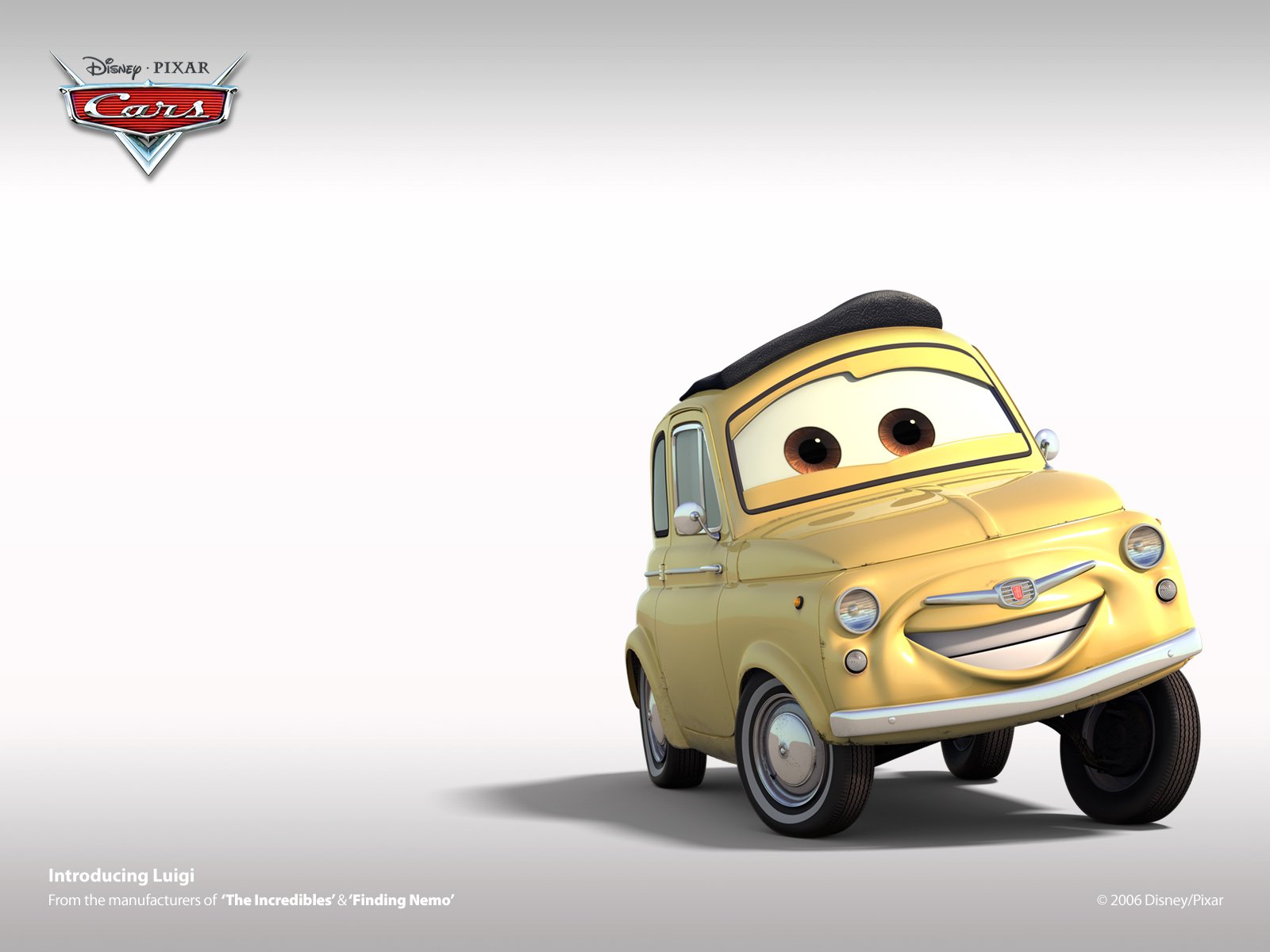 HD PC desktop wallpaper featuring Luigi, the cheerful yellow car from Pixar's movie Cars, set against a clean white background.