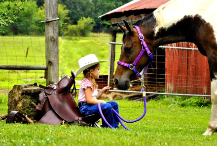 Photography, child — HD PC desktop wallpaper/background of a girl in a cowboy hat sitting on grass, petting a brown-and-white horse in a purple halter beside a fence and red barn.