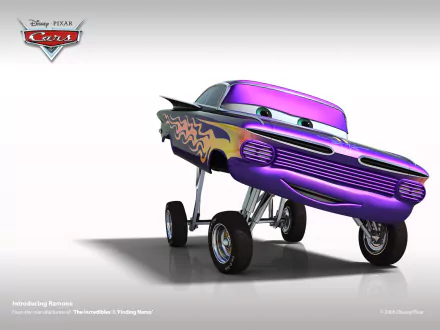 HD PC desktop wallpaper featuring a vibrant purple car character from Pixar’s Cars movie, showcasing its lively design and expressive eyes.