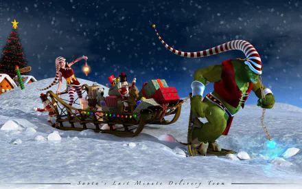 An orc in a Santa hat pulls a sleigh filled with gifts, accompanied by festive elves, against a snowy backdrop, creating a whimsical holiday scene for a Christmas-themed PC desktop wallpaper.