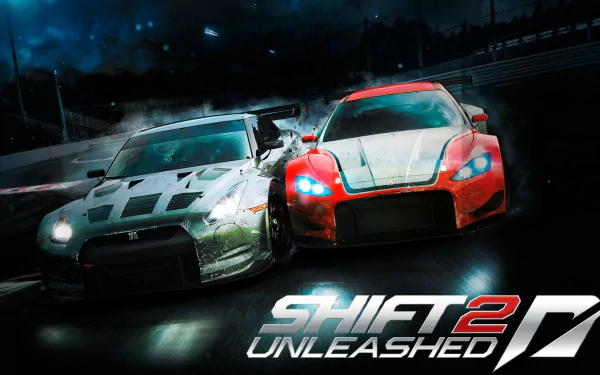 HD PC desktop wallpaper featuring intense nighttime racing action from the video game Need for Speed: Shift 2 Unleashed with two high-performance cars side by side.
