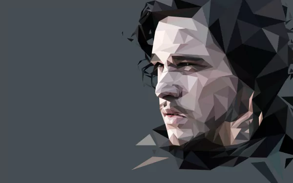 A geometric portrait of Jon Snow from the TV show Game of Thrones, featuring sharp facets and a moody color palette, designed as a high-definition desktop wallpaper.