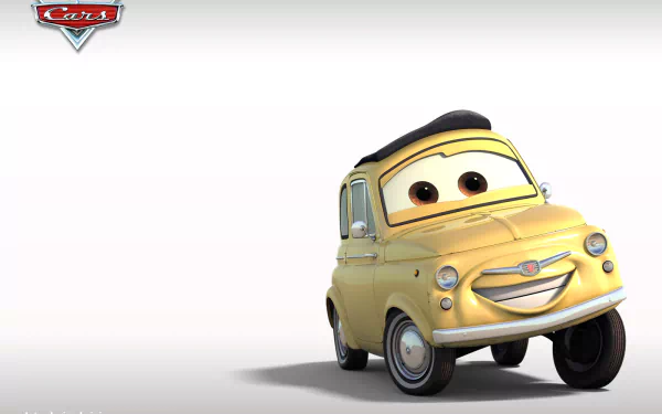 HD PC desktop wallpaper featuring Luigi, the cheerful yellow car from Pixar's movie Cars, set against a clean white background.