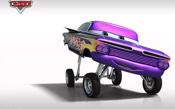 HD PC desktop wallpaper featuring a vibrant purple car character from Pixar’s Cars movie, showcasing its lively design and expressive eyes.