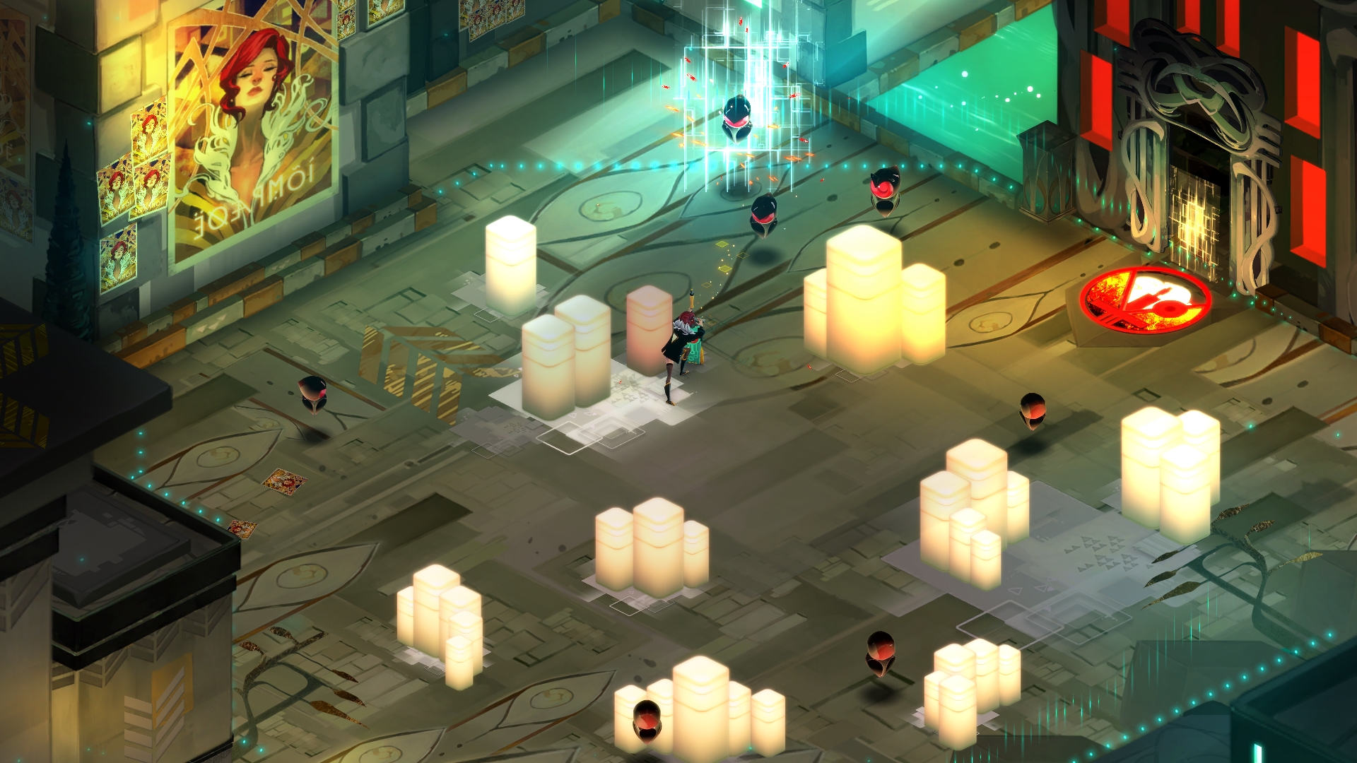 HD wallpaper of Transistor game featuring an isometric view of a character amidst a futuristic cityscape and luminescent pillars.