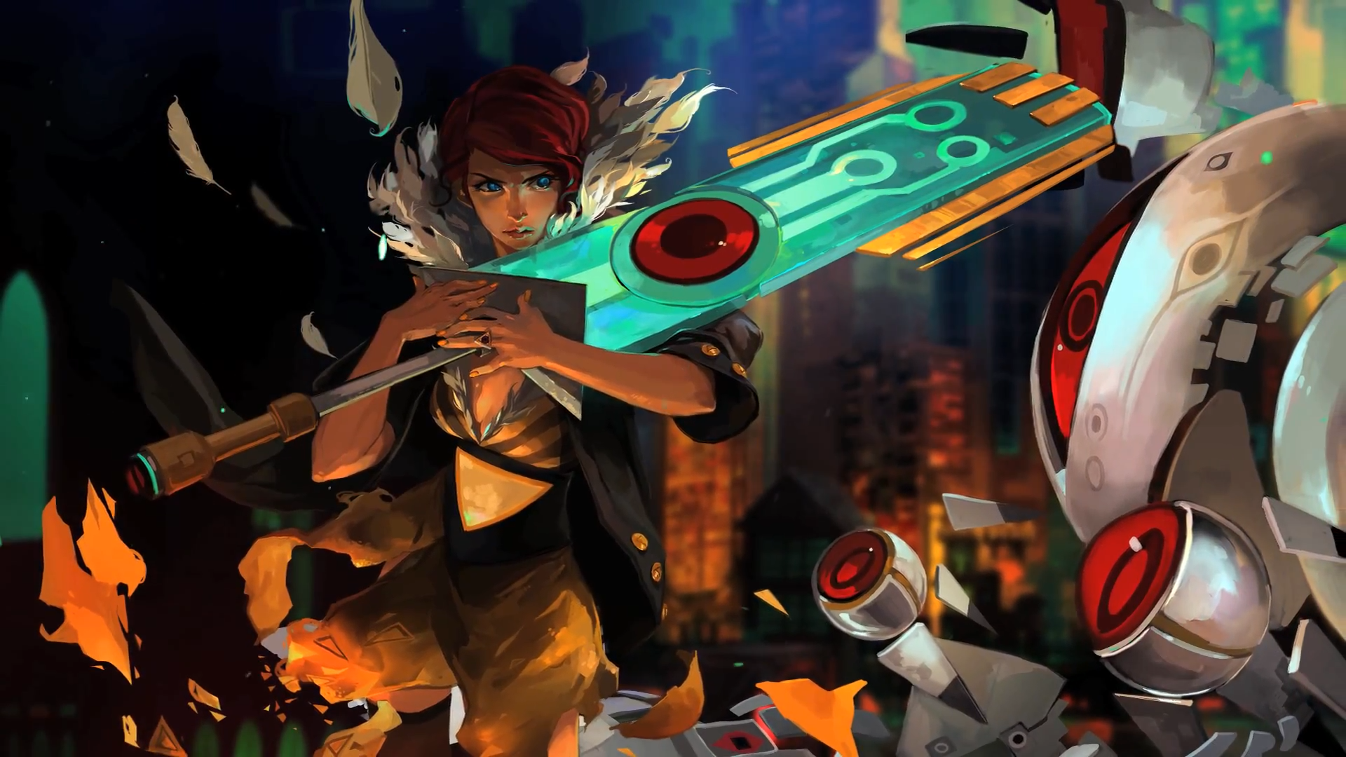 HD desktop wallpaper featuring an animated character from the game Transistor, holding a futuristic sword, with a vibrant, fiery backdrop.