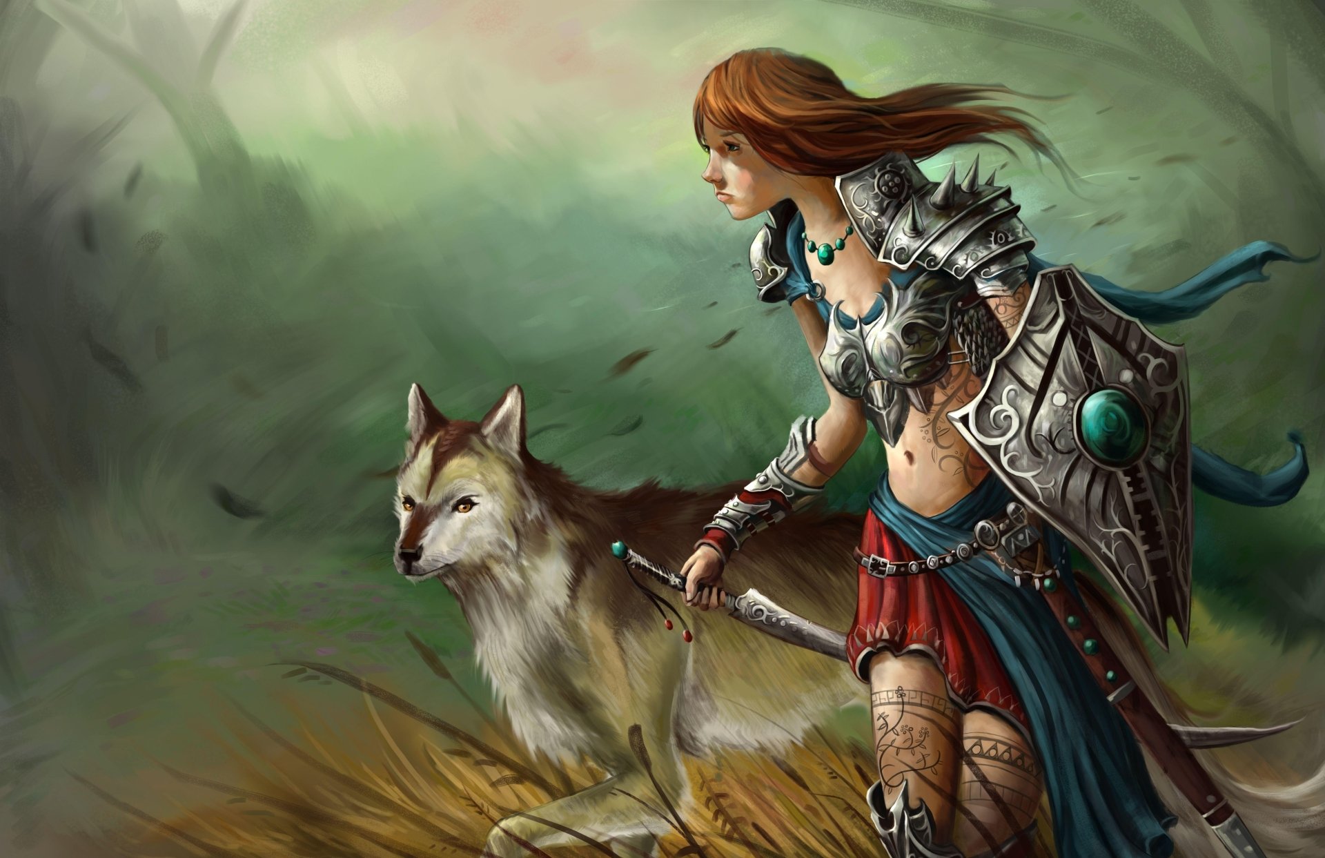 A fierce woman warrior in detailed armor stands poised with a knife beside a vigilant wolf in a misty fantasy landscape, rendered in 4K Ultra HD for PC desktop.