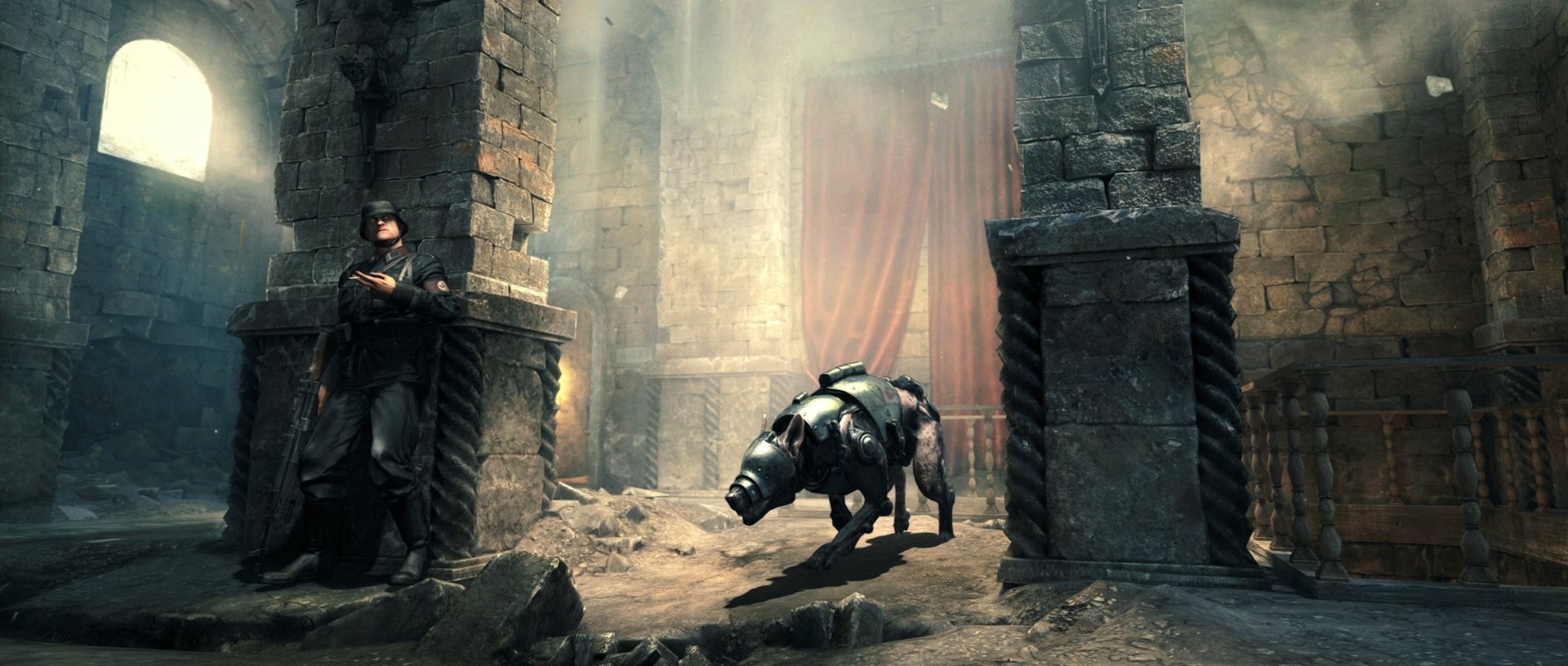 Wolfenstein: The New Order HD PC desktop wallpaper — robotic guard dog prowls a ruined stone hall while a uniformed soldier stands watch, video game background.