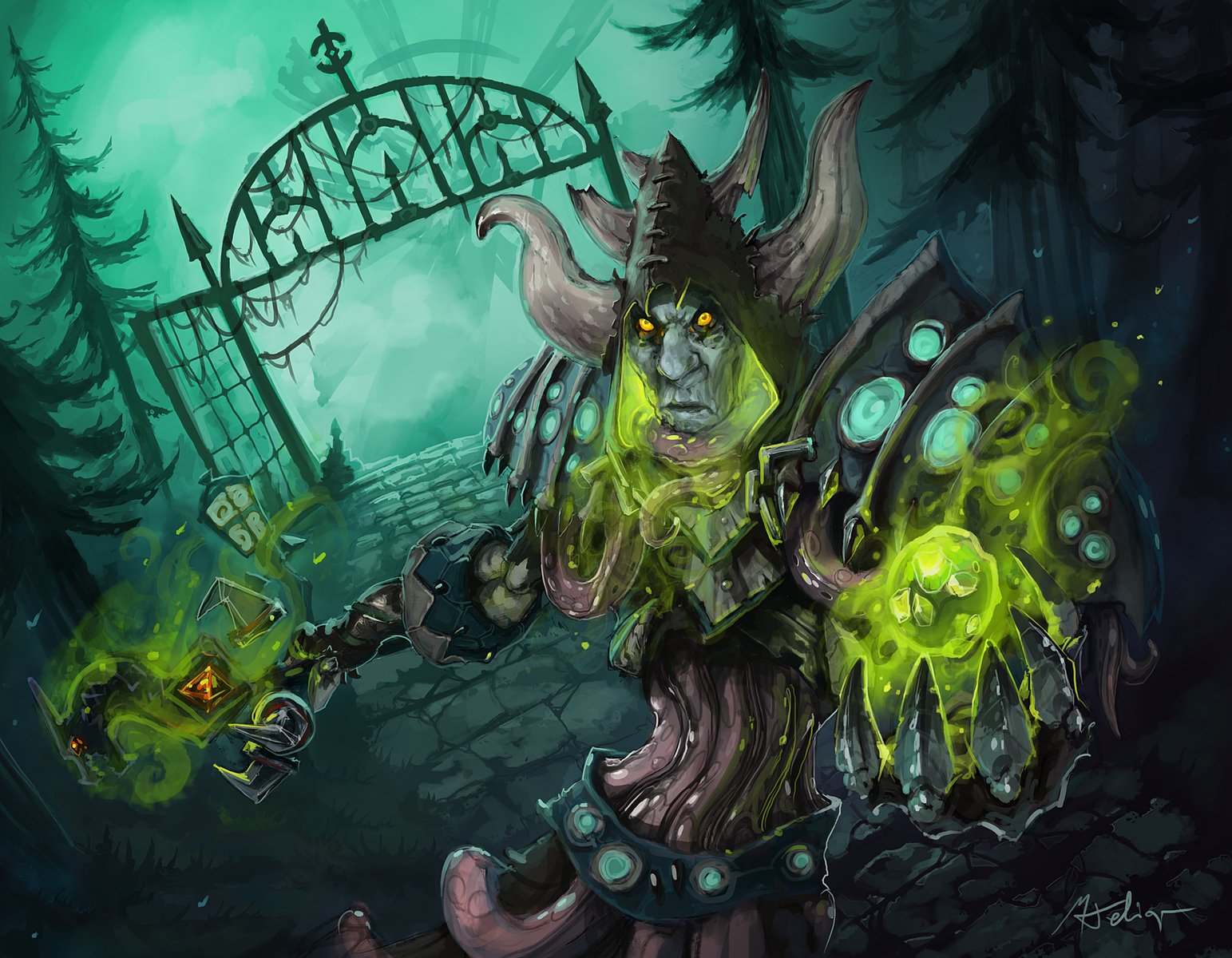 World of Warcraft video game necromancer HD PC desktop wallpaper: horned undead spellcaster with glowing green skull-magic, tattered armor and clawed gauntlet in a misty graveyard before an iron gate.