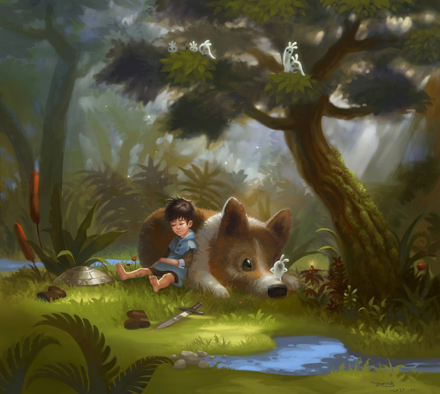 A fantasy adventure HD PC desktop wallpaper depicting a young boy resting beside a giant friendly wolf in a lush, magical forest setting.