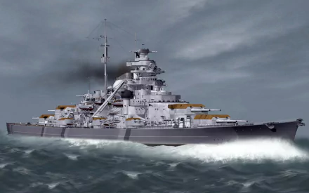 A dramatic HD wallpaper featuring the German battleship Bismarck navigating through turbulent waters, showcasing its powerful military design against a stormy sky.