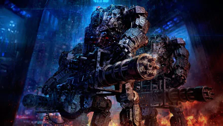 HD desktop wallpaper featuring a detailed robotic figure in a dynamic, sci-fi themed setting, with vivid blue and red lighting effects.