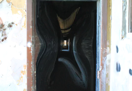 Photography manipulation: warped, tunnel-like corridor viewed through a doorway, dark abstract vanishing point — 4K Ultra HD PC desktop wallpaper and background.