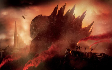 HD desktop wallpaper featuring Godzilla from the 2014 movie, surrounded by smoke and fire with a city skyline and helicopters.