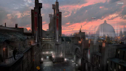 A dramatic scene from Wolfenstein: The New Order, featuring a towering, dystopian landscape under a colorful sunset, capturing the game's captivating atmosphere in HD.