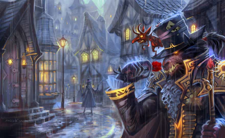 HD World of Warcraft desktop wallpaper featuring a mysterious, devilish figure in an elaborate coat and hat against a foggy, lantern-lit village street at night.