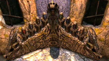 A captivating HD wallpaper from The Elder Scrolls V: Skyrim, showcasing intricate stone carvings and mystical figures that evoke the epic fantasy atmosphere of the game.