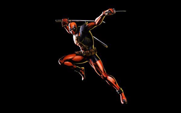 8K Ultra HD PC desktop wallpaper: comic-style Deadpool in red-and-black suit mid-leap, wielding katanas against a solid black background.