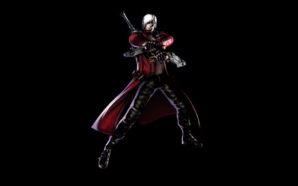 Dante from Devil May Cry 3: Dante's Awakening in dynamic pose, rendered as an 8K Ultra HD PC desktop wallpaper with vibrant details and sharp contrast on a black background.