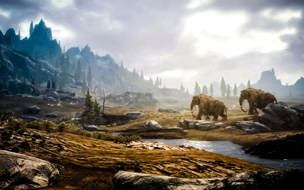 HD wallpaper from The Elder Scrolls V: Skyrim, depicting a vast, rugged landscape with mammoths roaming in a misty, mountainous terrain.
