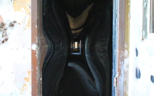 Photography manipulation: warped, tunnel-like corridor viewed through a doorway, dark abstract vanishing point — 4K Ultra HD PC desktop wallpaper and background.