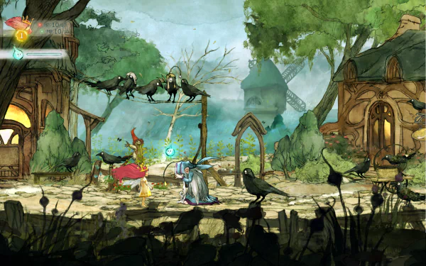 HD wallpaper featuring the enchanting artwork from the game Child of Light, showcasing whimsical characters in a fairy-tale village.