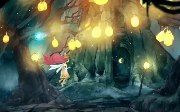 HD wallpaper of Child of Light featuring a character in a mystical cave with glowing lights and a dark doorway.