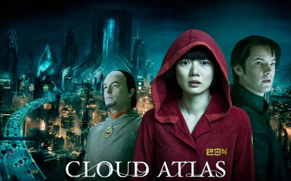 HD PC desktop wallpaper of the movie Cloud Atlas featuring three characters in front of a futuristic cityscape at night.