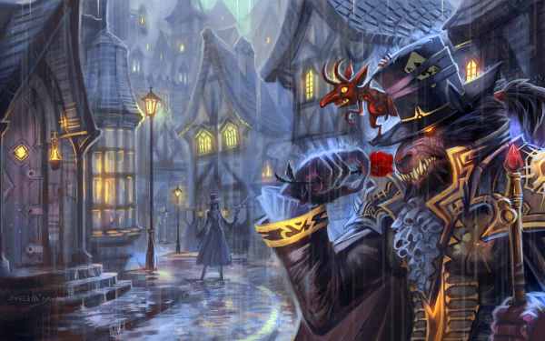 HD World of Warcraft desktop wallpaper featuring a mysterious, devilish figure in an elaborate coat and hat against a foggy, lantern-lit village street at night.