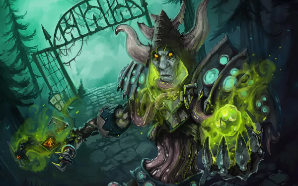 World of Warcraft video game necromancer HD PC desktop wallpaper: horned undead spellcaster with glowing green skull-magic, tattered armor and clawed gauntlet in a misty graveyard before an iron gate.