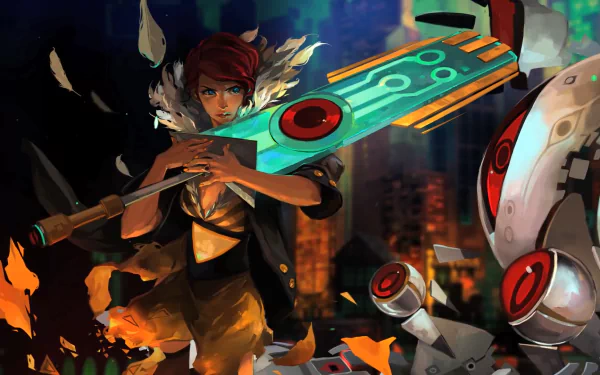 HD desktop wallpaper featuring an animated character from the game Transistor, holding a futuristic sword, with a vibrant, fiery backdrop.
