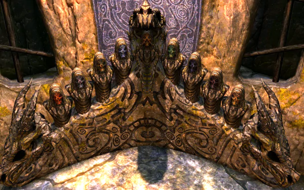 A captivating HD wallpaper from The Elder Scrolls V: Skyrim, showcasing intricate stone carvings and mystical figures that evoke the epic fantasy atmosphere of the game.