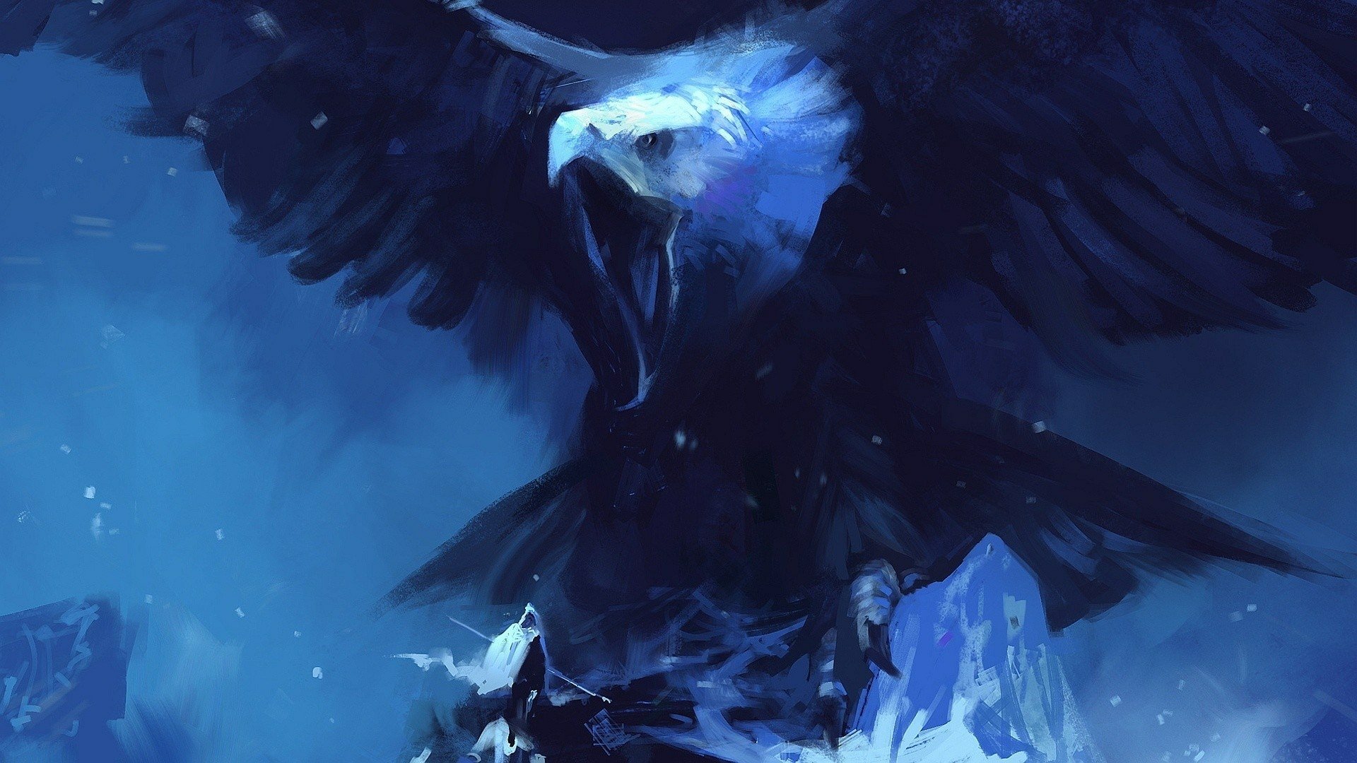 A dramatic fantasy eagle with outstretched wings soars over icy mountains in this HD PC desktop wallpaper and background.