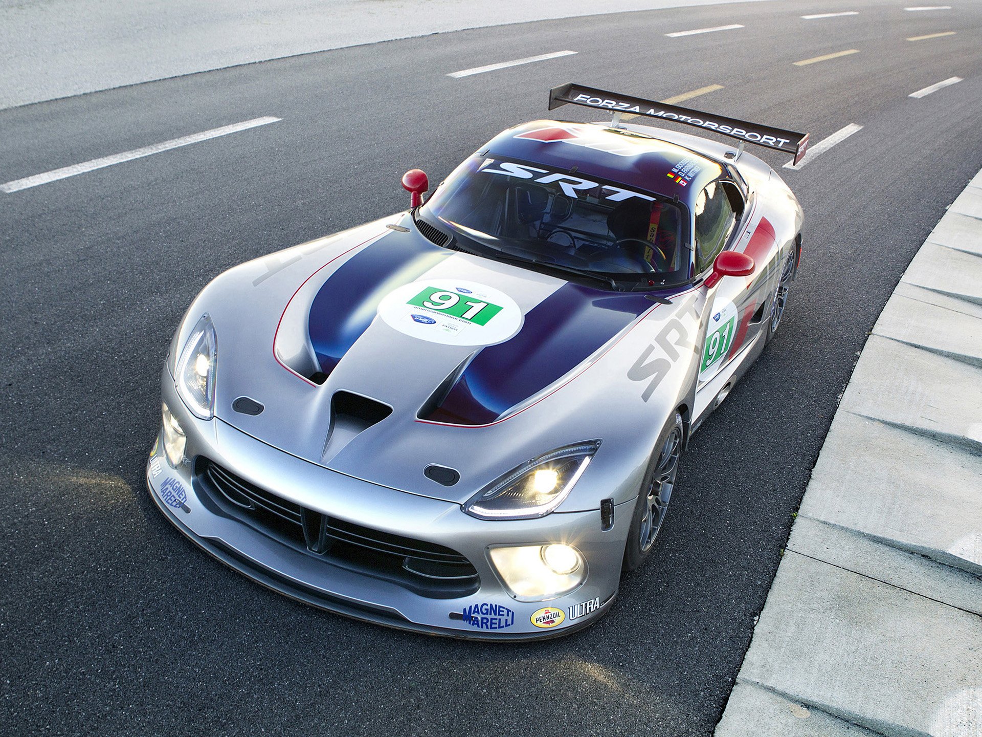 HD PC desktop wallpaper of a Dodge Viper GTS-R racing vehicle on track, silver livery with dark stripes, race number and prominent rear wing.