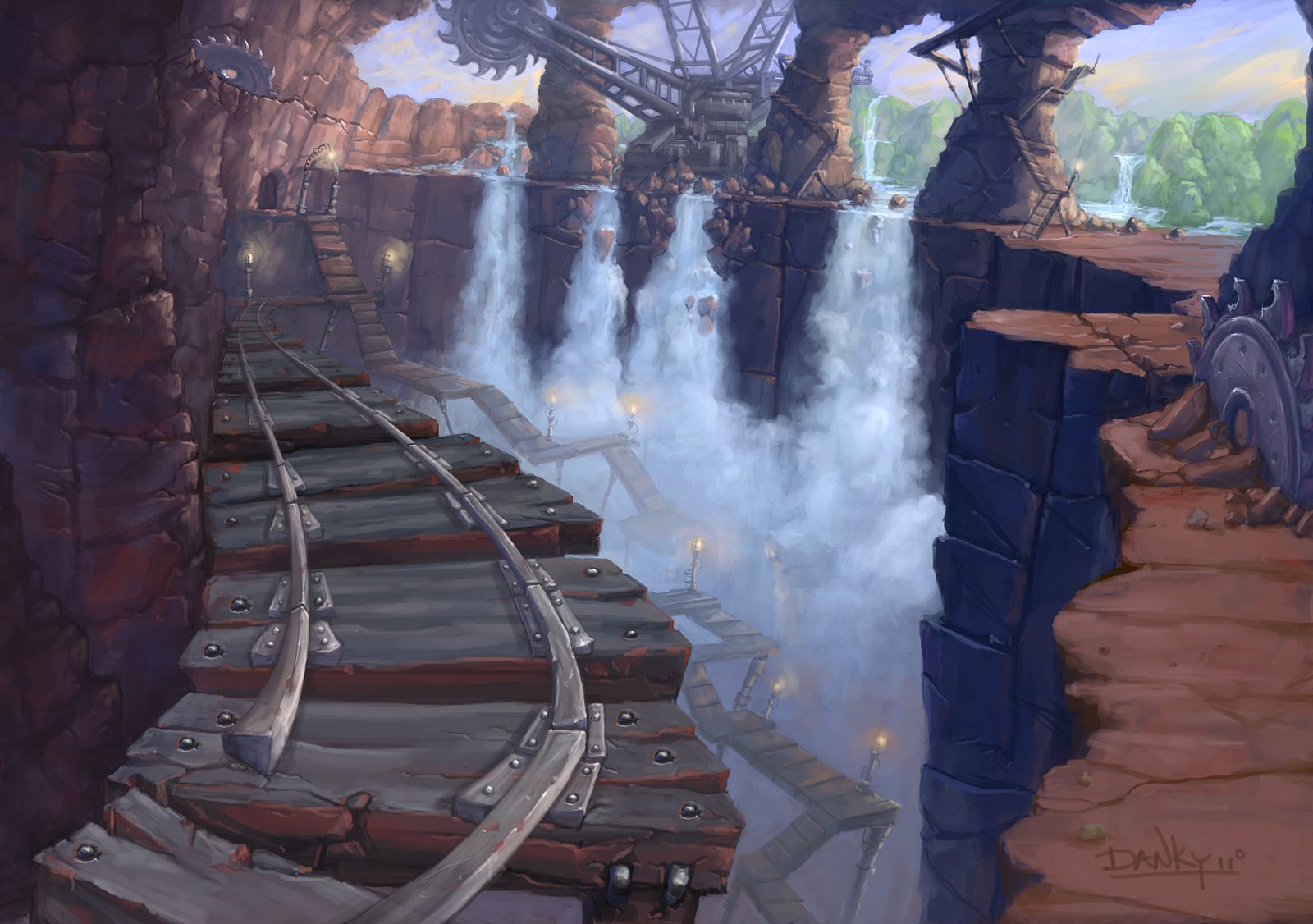 An HD desktop wallpaper showcasing a scene from World of Warcraft: Mists of Pandaria, featuring wooden tracks and a misty waterfall in a fantasy landscape.