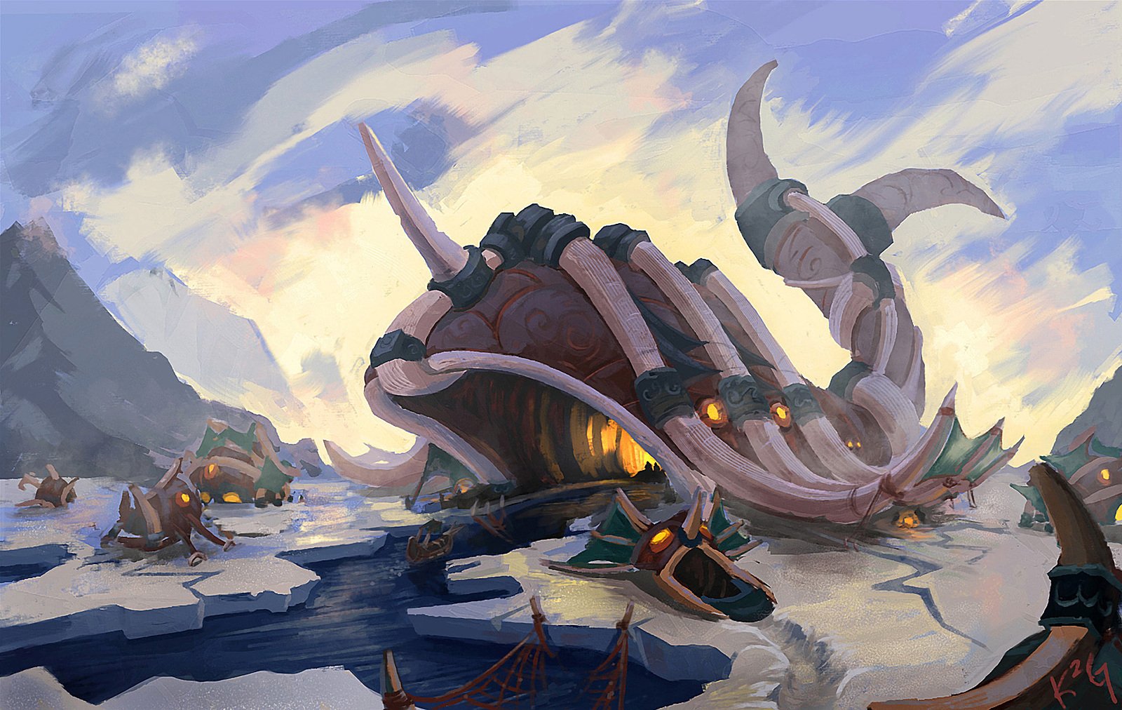 HD PC desktop wallpaper from the video game World of Warcraft: Wrath of the Lich King, featuring a frozen landscape with giant skeletal remains and mountainous terrain.