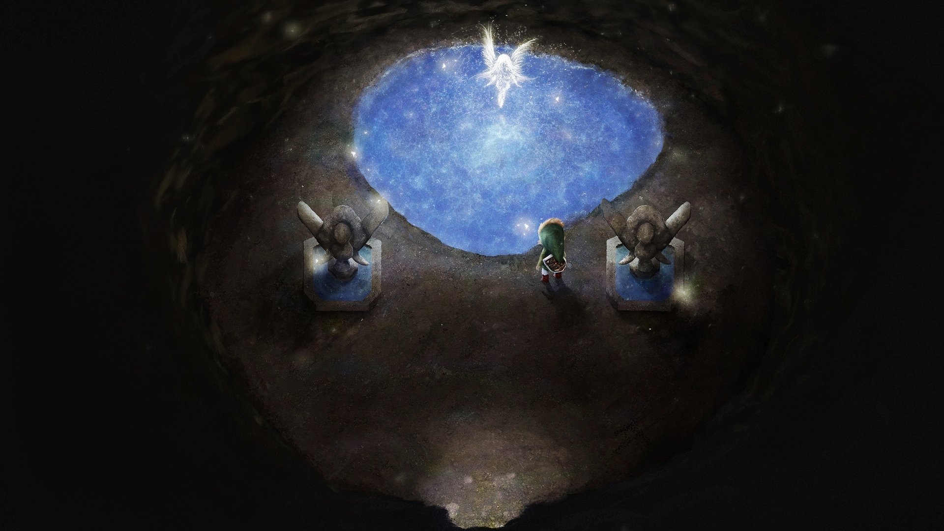 HD PC desktop wallpaper: scene from the video game The Legend of Zelda: A Link to the Past — Link stands in a dark cavern between two statues, gazing up at a starry opening above.