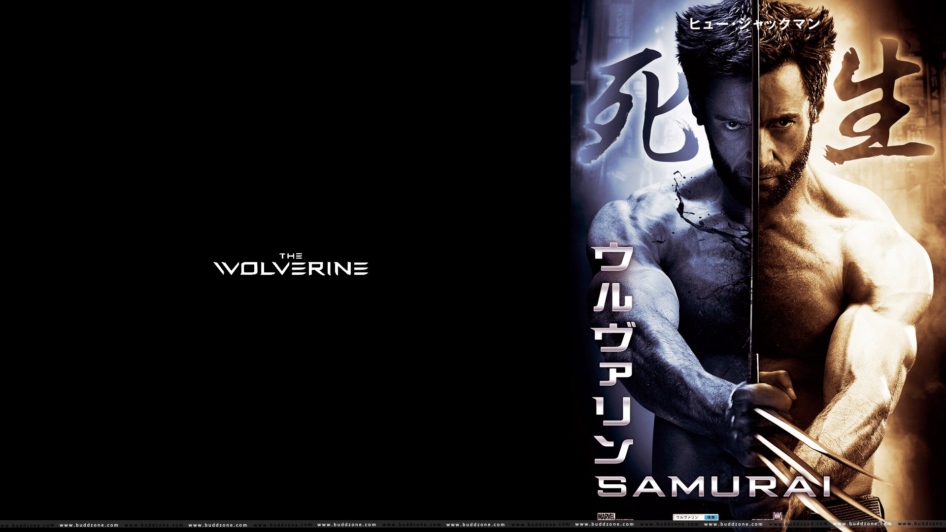HD PC desktop wallpaper featuring a split image of Wolverine from the movie The Wolverine, highlighting his dual nature as a fierce samurai warrior.