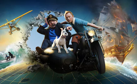A vibrant HD desktop wallpaper featuring Tintin, Captain Haddock, and Snowy on a motorcycle, set against a backdrop of adventure from The Adventures of Tintin.