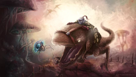 HD PC desktop wallpaper featuring a fantasy scene from the video game The Elder Scrolls III: Morrowind, depicting a character riding a large creature in a surreal landscape.