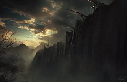 A dramatic HD wallpaper depicting a dark, mountainous landscape from the TV show Game of Thrones, featuring a towering wall against a moody sky.