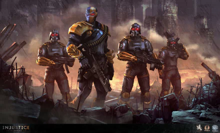 HD PC desktop wallpaper featuring Deathstroke from the video game Injustice: Gods Among Us, standing with armed soldiers in a dark, war-torn environment.