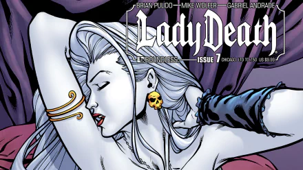 HD desktop wallpaper featuring Lady Death from the Lady Death comic series, showcasing her with pale skin, closed eyes, and a skull earring against a purple and black background.