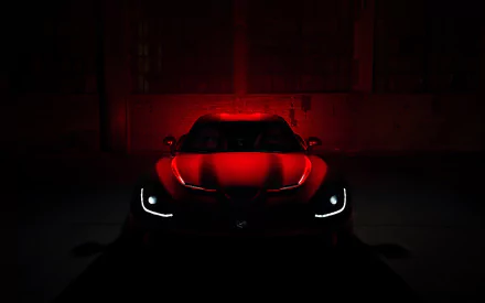 HD PC desktop wallpaper of a Dodge Viper SRT vehicle, showcasing its sleek front design with illuminated headlights against a dark, red-lit background.