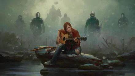 HD desktop wallpaper featuring a character from The Last of Us playing guitar, with a post-apocalyptic background and silhouetted figures emerging in the fog.