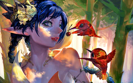 A vibrant fantasy-themed HD wallpaper featuring an elf with blue hair, adorned with flowers, interacting with two red birds amidst a lush forest background.