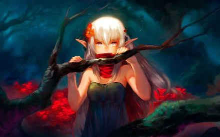 HD anime wallpaper featuring an original character with white hair and red flowers, mysteriously peering through branches in a vibrant, dark forest setting.