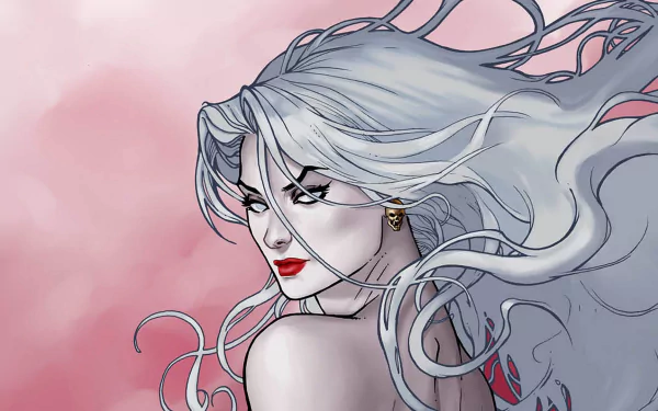 HD PC desktop wallpaper featuring a comic-style illustration of Lady Death with flowing white hair against a soft pink background.